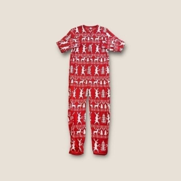 Dec 25th Men's Union Suit Christmas Pajamas Zip Up Beer Drinking Reindeer L - Picture 1 of 3